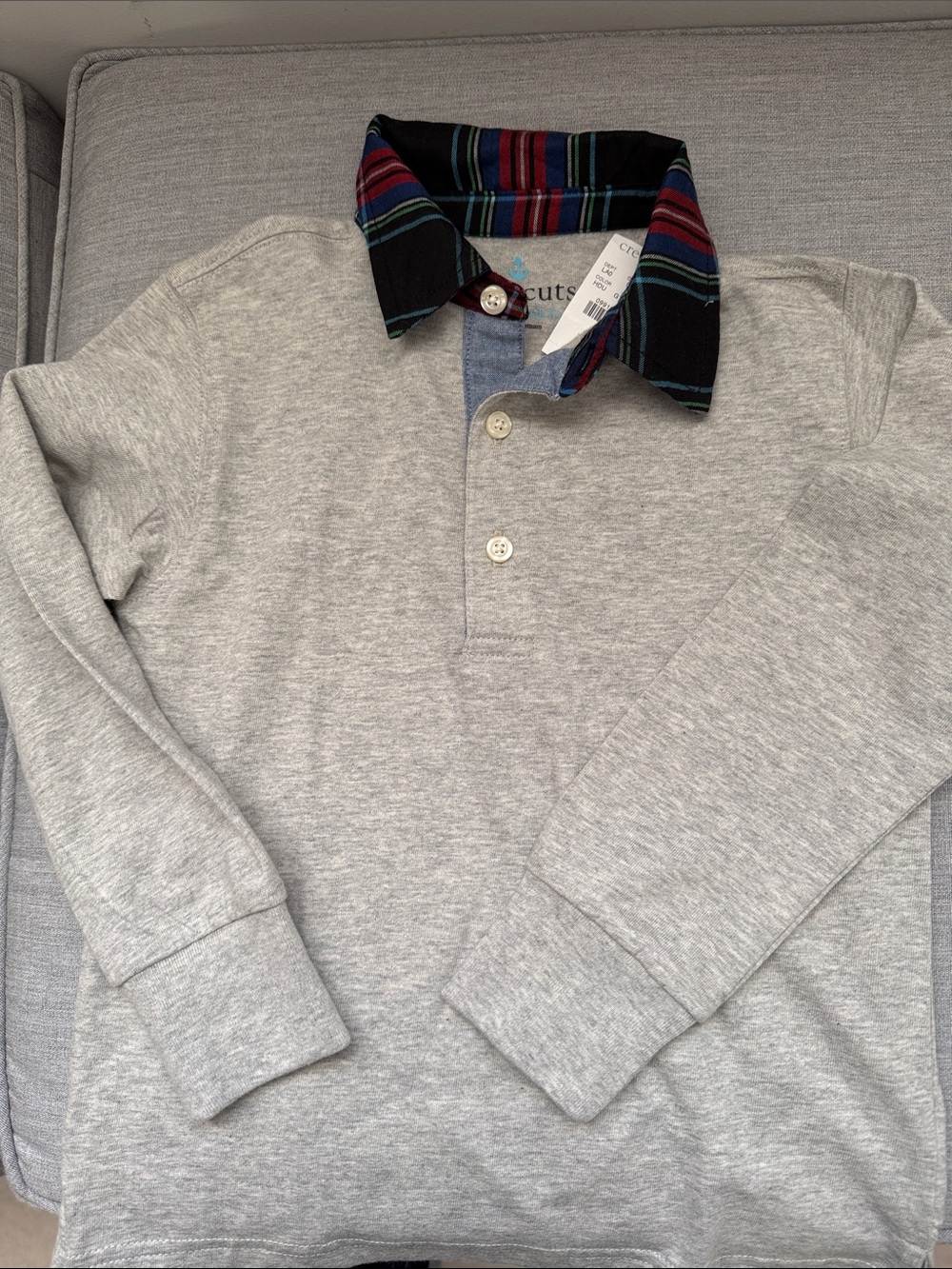 Crewcuts Gray Long-Sleeve Polo with Multicolor Plaid Collar